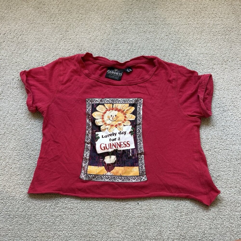 Guinness Womens Top Red Crop Top Hand Cut Graphic Print Cotton Size Small